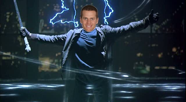 Tom Brady with a sword and lightning coming out of his back